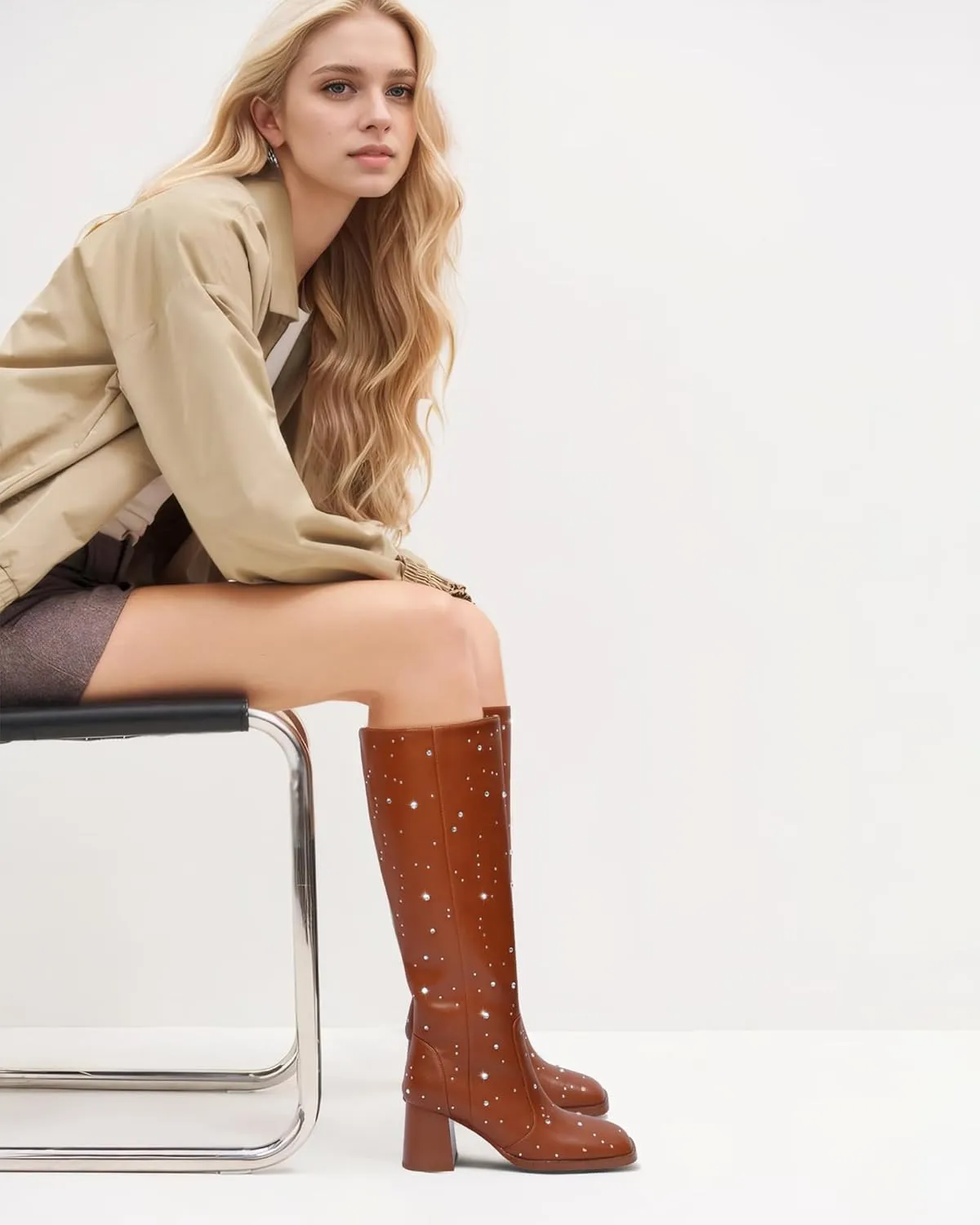 MUCCCUTE Knee High Boots for Women Square Toe Chunky Heel Side Zipper Rhinestone Sparkly Fashion Tall Long Boots for Ladies