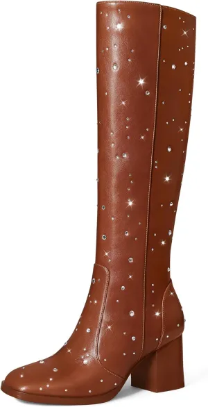 MUCCCUTE Knee High Boots for Women Square Toe Chunky Heel Side Zipper Rhinestone Sparkly Fashion Tall Long Boots for Ladies