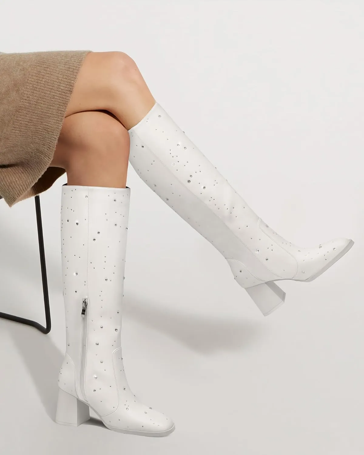 MUCCCUTE Knee High Boots for Women Square Toe Chunky Heel Side Zipper Rhinestone Sparkly Fashion Tall Long Boots for Ladies