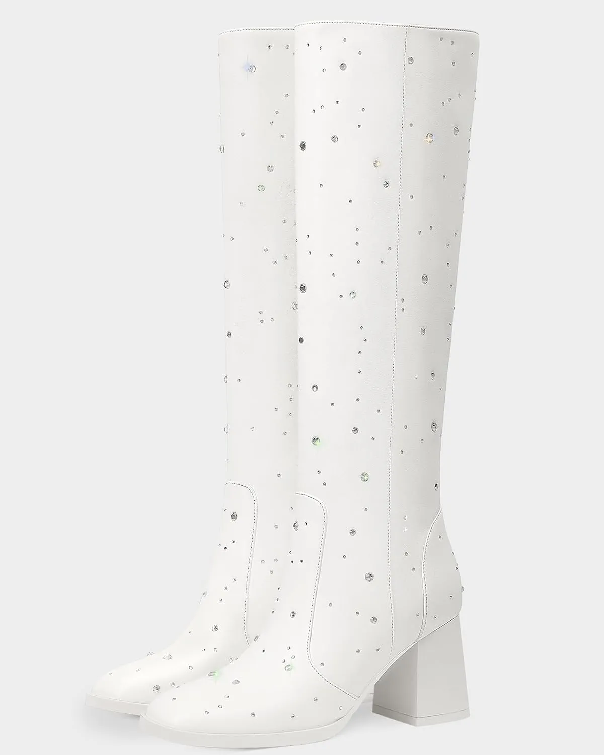MUCCCUTE Knee High Boots for Women Square Toe Chunky Heel Side Zipper Rhinestone Sparkly Fashion Tall Long Boots for Ladies
