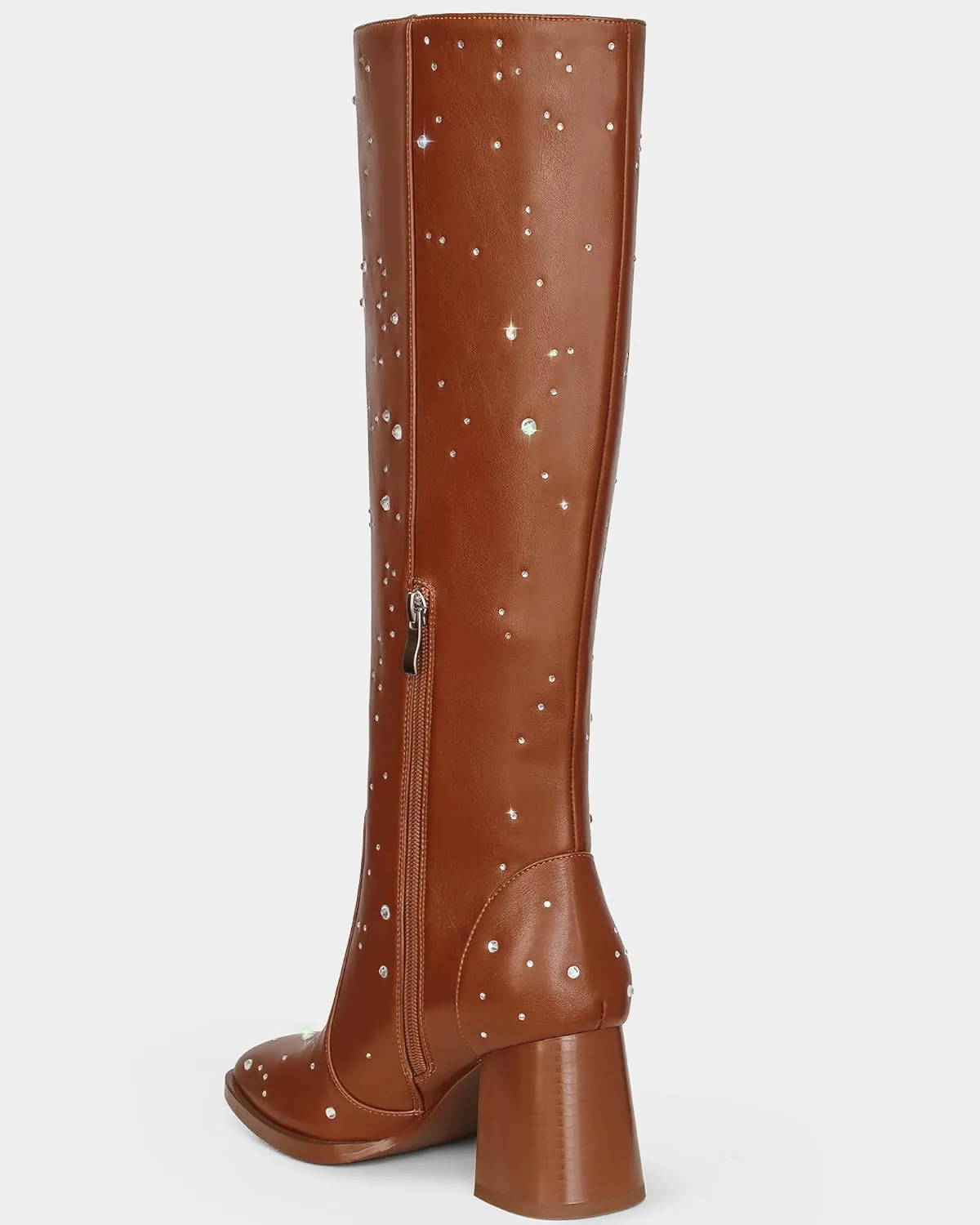 MUCCCUTE Knee High Boots for Women Square Toe Chunky Heel Side Zipper Rhinestone Sparkly Fashion Tall Long Boots for Ladies