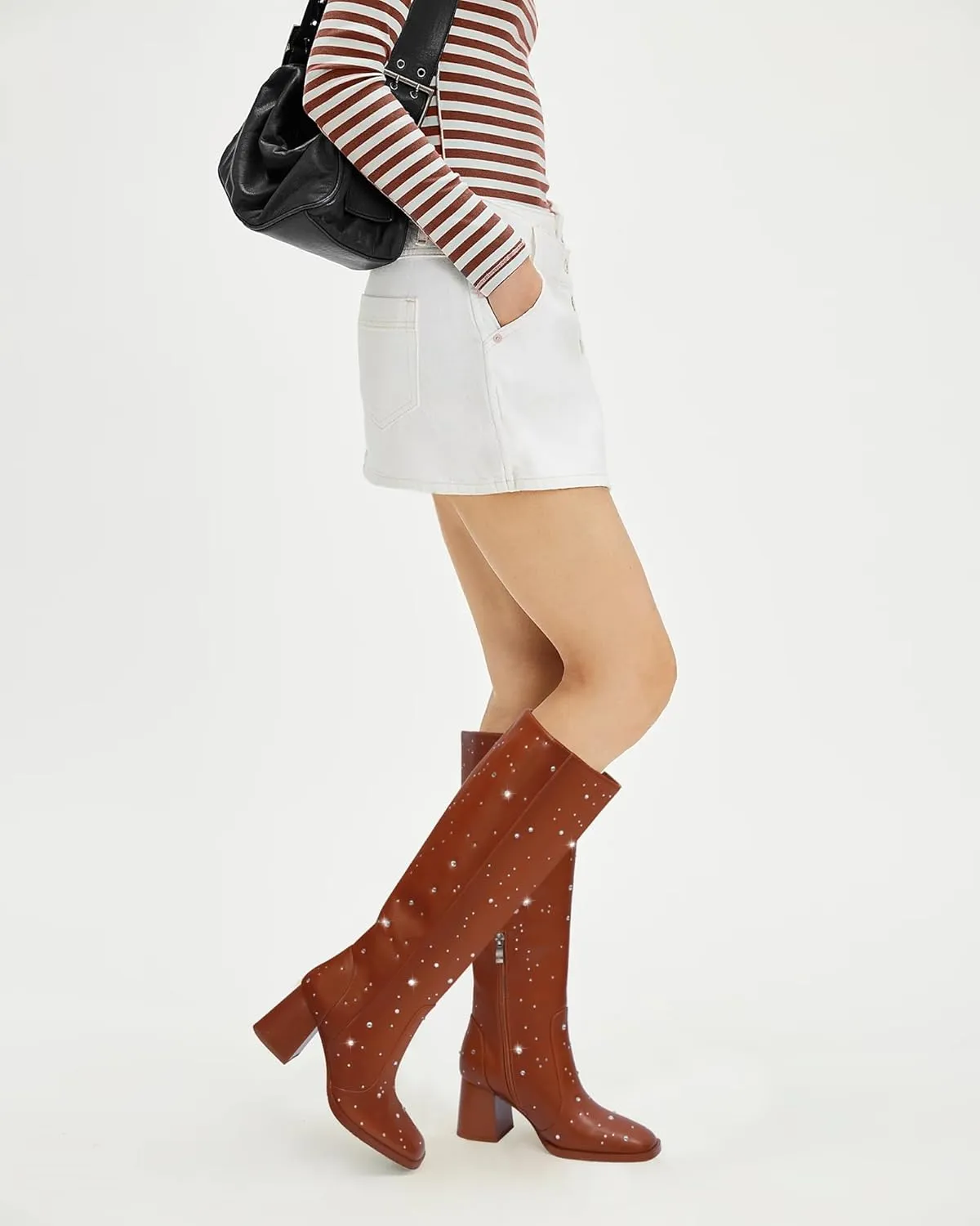 MUCCCUTE Knee High Boots for Women Square Toe Chunky Heel Side Zipper Rhinestone Sparkly Fashion Tall Long Boots for Ladies