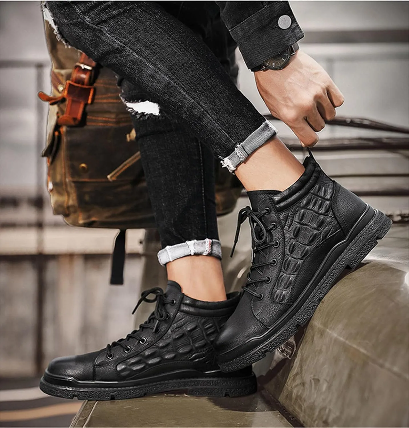 Myallfeet Men's Handmade Embossed Cowhide Patterned Anti Slip Ankle Boots Fashionable, Comfortable, And Warm Lace Up Leather Boots