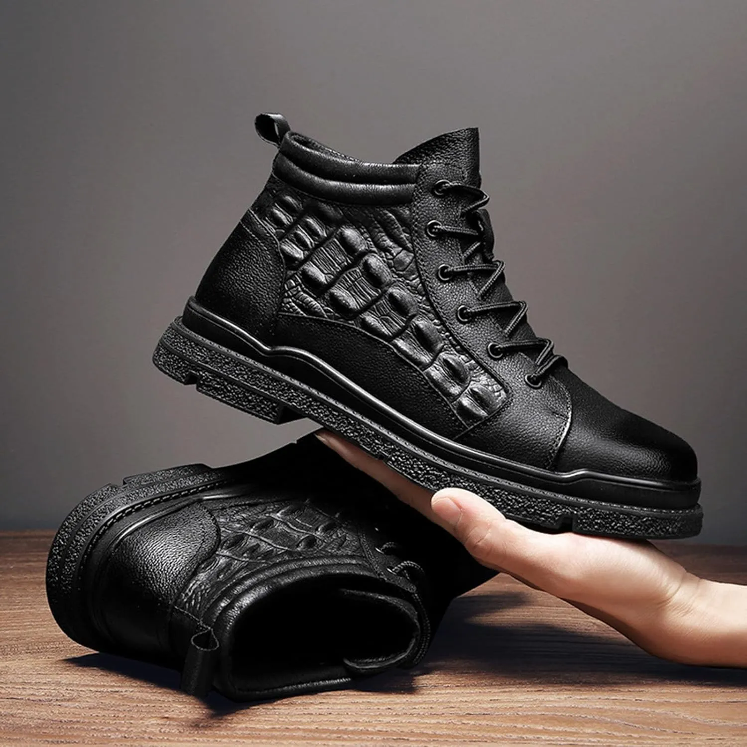 Myallfeet Men's Handmade Embossed Cowhide Patterned Anti Slip Ankle Boots Fashionable, Comfortable, And Warm Lace Up Leather Boots