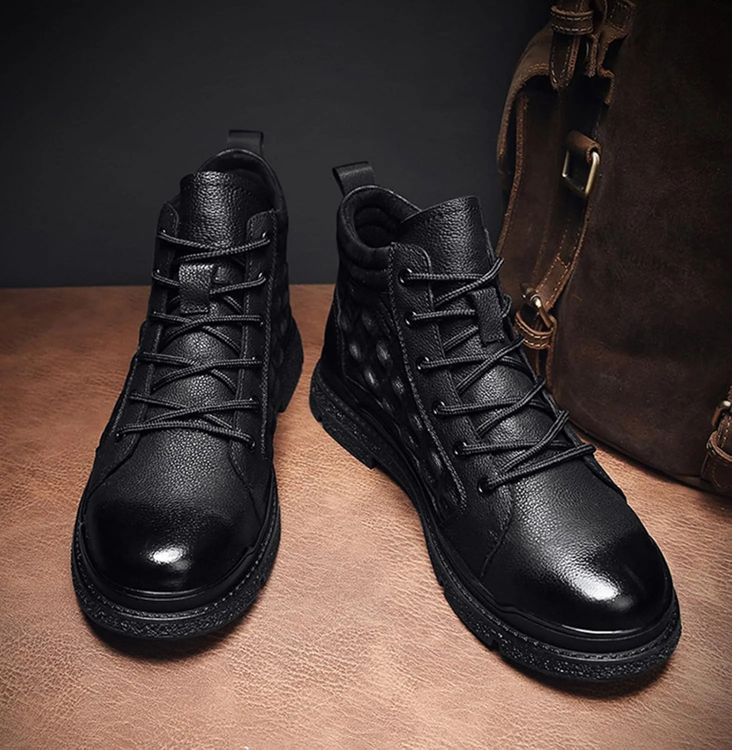 Myallfeet Men's Handmade Embossed Cowhide Patterned Anti Slip Ankle Boots Fashionable, Comfortable, And Warm Lace Up Leather Boots