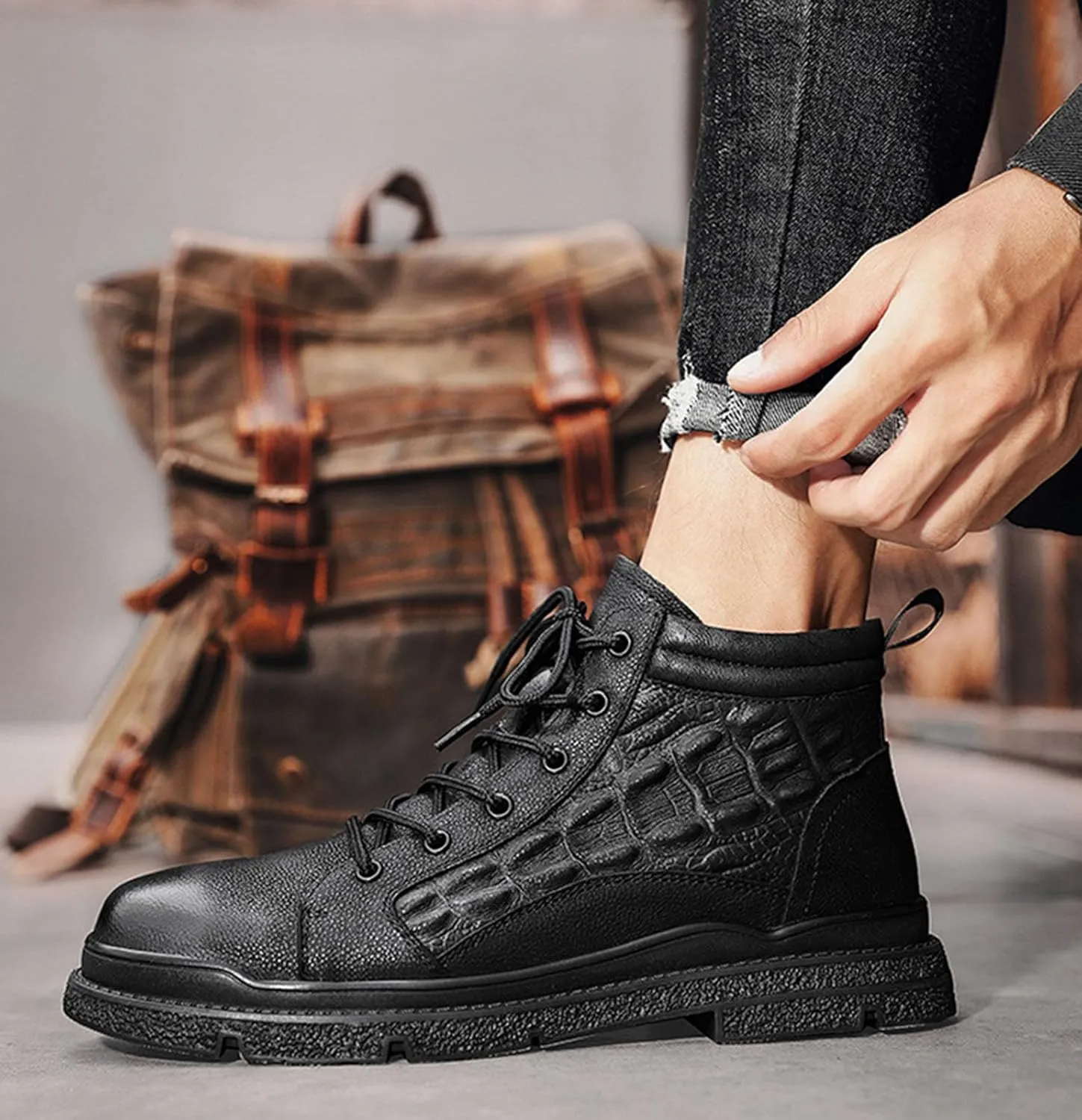 Myallfeet Men's Handmade Embossed Cowhide Patterned Anti Slip Ankle Boots Fashionable, Comfortable, And Warm Lace Up Leather Boots
