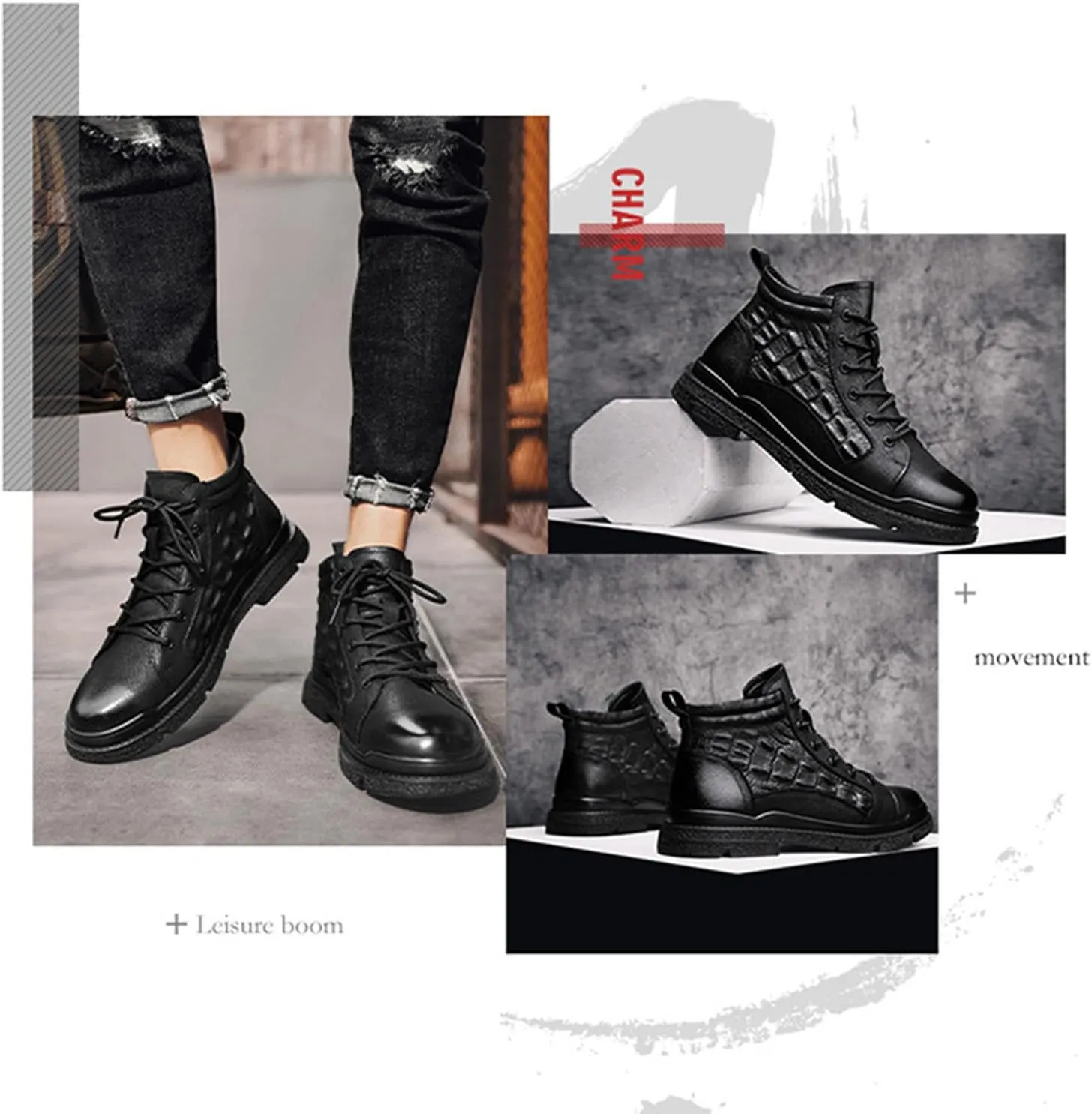 Myallfeet Men's Handmade Embossed Cowhide Patterned Anti Slip Ankle Boots Fashionable, Comfortable, And Warm Lace Up Leather Boots