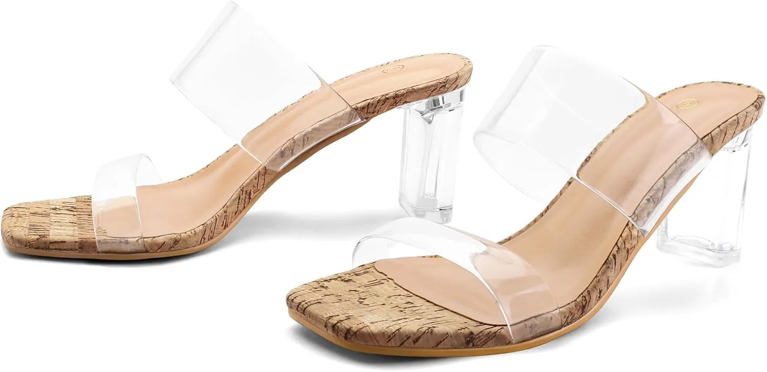 mysoft Clear Heels for Women Transparent Two Strap Block Chunky Square Heel Sandals Open Toe Slip On Sandals