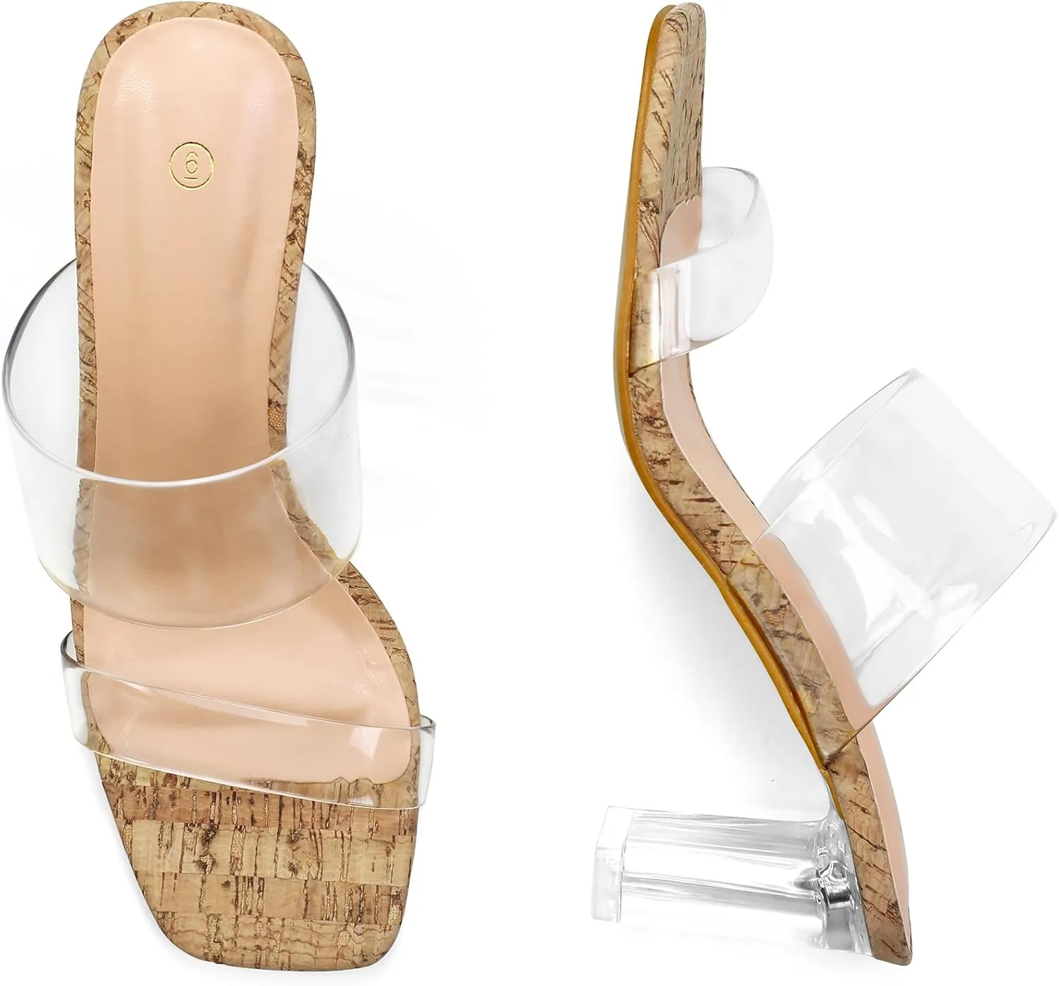 mysoft Clear Heels for Women Transparent Two Strap Block Chunky Square Heel Sandals Open Toe Slip On Sandals