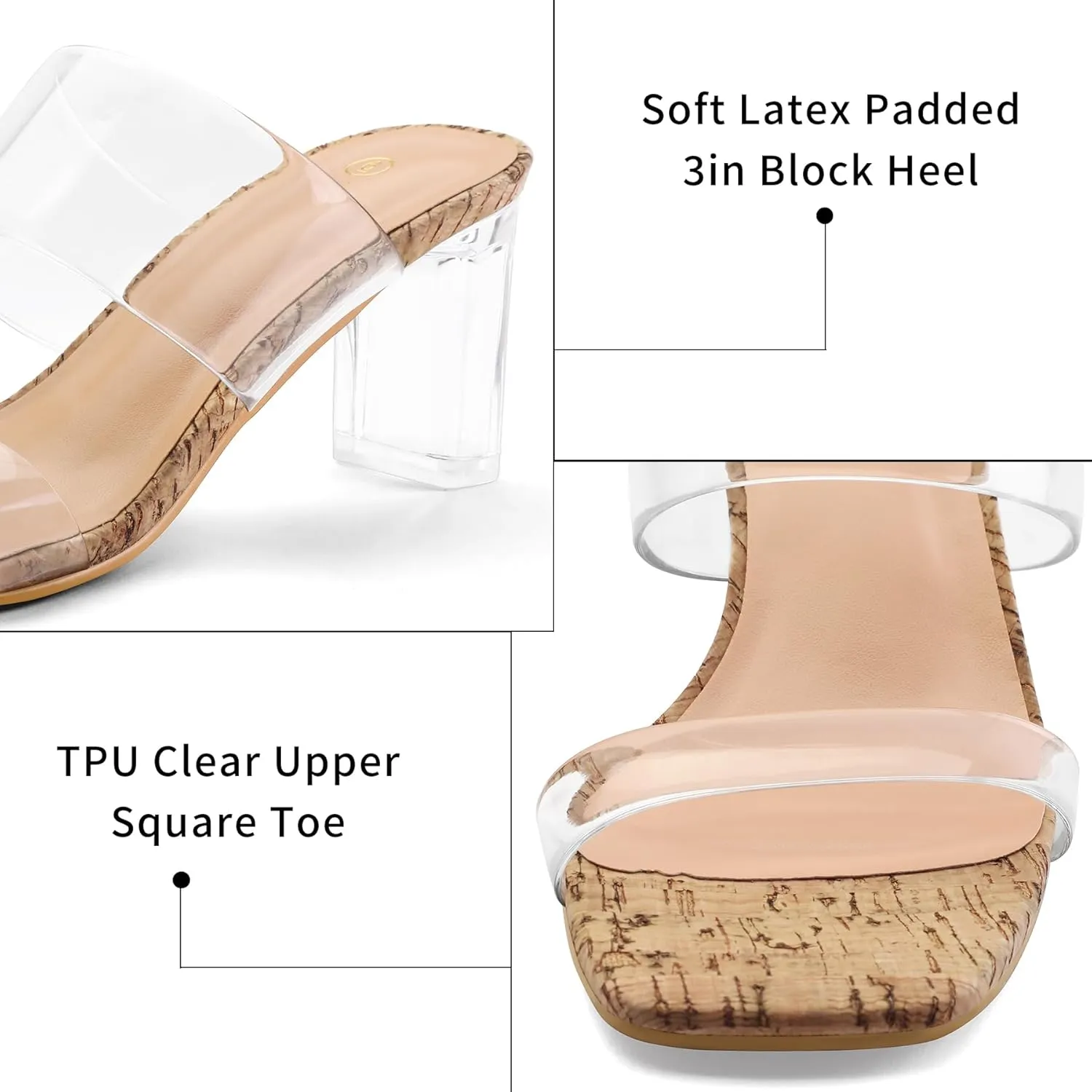 mysoft Clear Heels for Women Transparent Two Strap Block Chunky Square Heel Sandals Open Toe Slip On Sandals