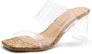 mysoft Clear Heels for Women Transparent Two Strap Block Chunky Square Heel Sandals Open Toe Slip On Sandals