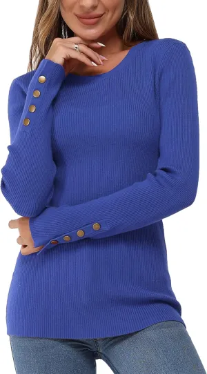 Newshows Women's Fall Fashion Sweater Long Sleeve Crew Neck Button Stretch Casual Pullover Tops Winter Clothes Trendy