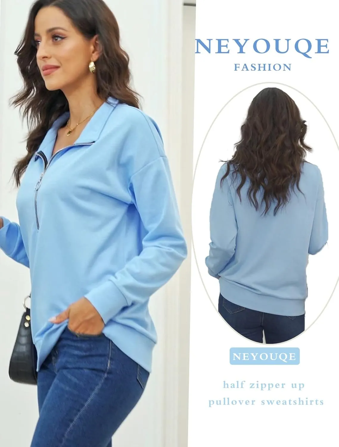 NEYOUQE Womens Fall Winter Fashion Sweatshirts Quarter Zip up pullover Polo sweatshirt women casual trendy crewneck tops