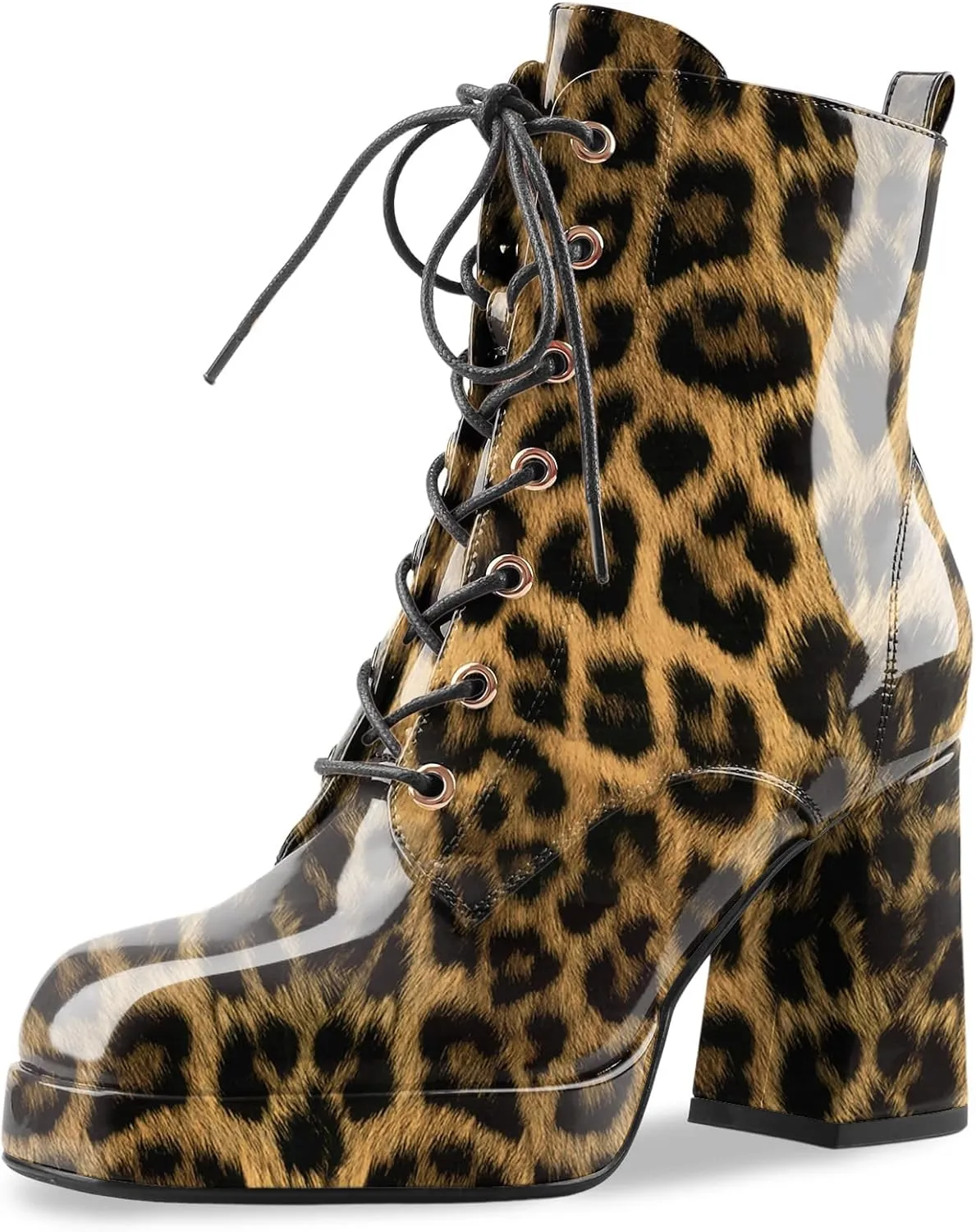 Oh Mispares Women's Platform Ankle Boots with High Chunky Heel Fashion Lace-up Square toe Patent Leather Booties