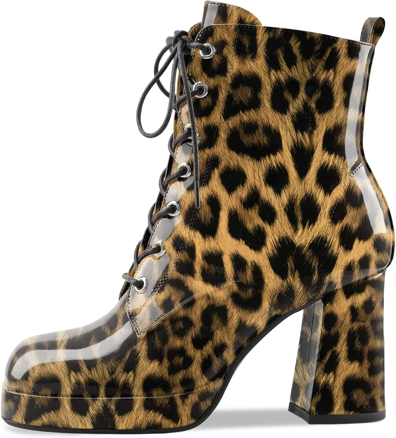 Oh Mispares Women's Platform Ankle Boots with High Chunky Heel Fashion Lace-up Square toe Patent Leather Booties