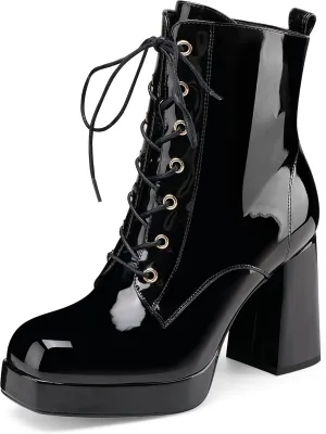 Oh Mispares Women's Platform Ankle Boots with High Chunky Heel Fashion Lace-up Square toe Patent Leather Booties