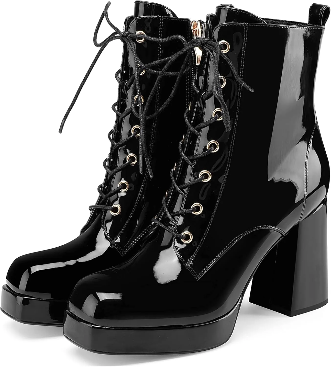 Oh Mispares Women's Platform Ankle Boots with High Chunky Heel Fashion Lace-up Square toe Patent Leather Booties