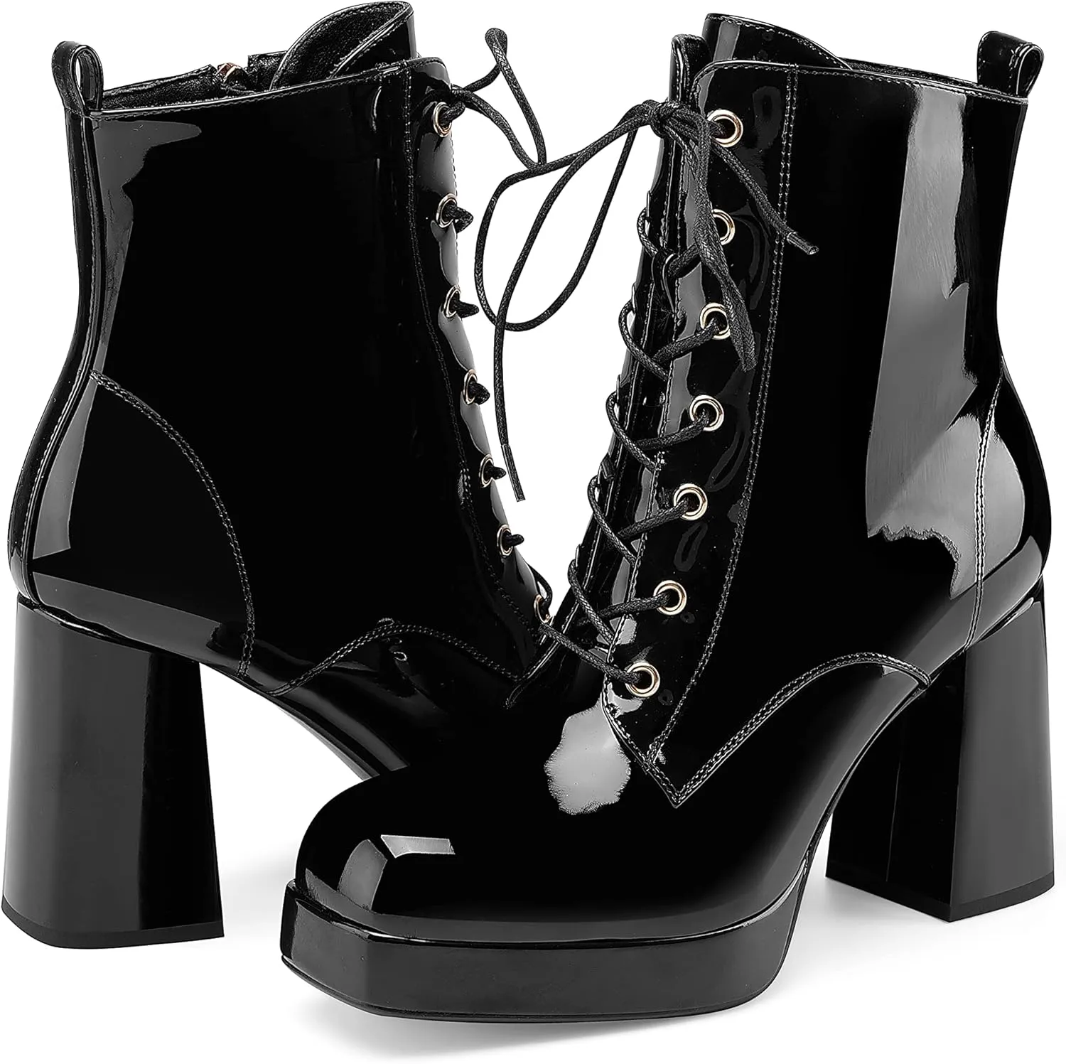 Oh Mispares Women's Platform Ankle Boots with High Chunky Heel Fashion Lace-up Square toe Patent Leather Booties