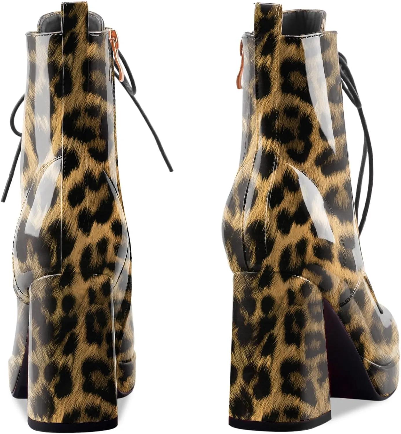 Oh Mispares Women's Platform Ankle Boots with High Chunky Heel Fashion Lace-up Square toe Patent Leather Booties