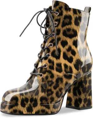 Oh Mispares Women's Platform Ankle Boots with High Chunky Heel Fashion Lace-up Square toe Patent Leather Booties
