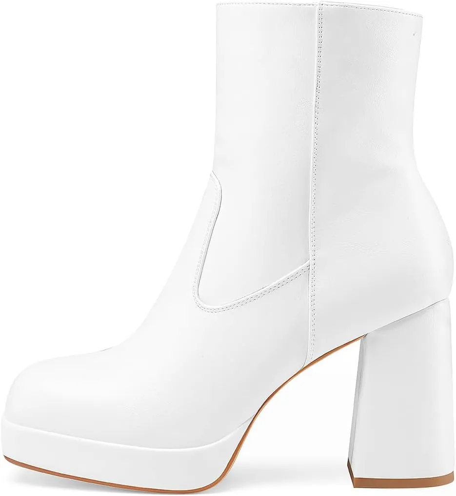 Oh Mispares Women's Platform High Chunky Heeled Ankle Boots Cozy Leather Gogo Boots Square Toe Side Zipper Booties