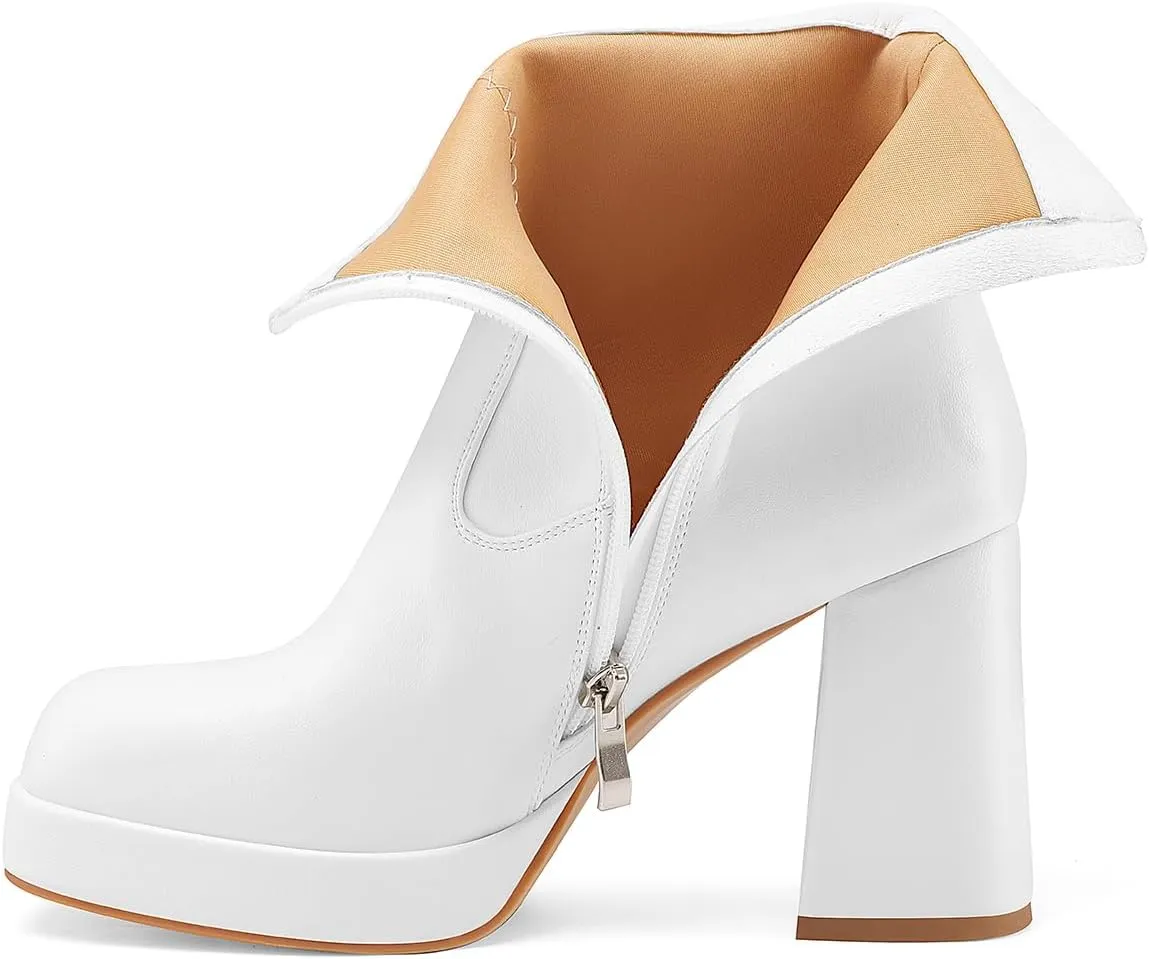 Oh Mispares Women's Platform High Chunky Heeled Ankle Boots Cozy Leather Gogo Boots Square Toe Side Zipper Booties