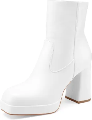 Oh Mispares Women's Platform High Chunky Heeled Ankle Boots Cozy Leather Gogo Boots Square Toe Side Zipper Booties