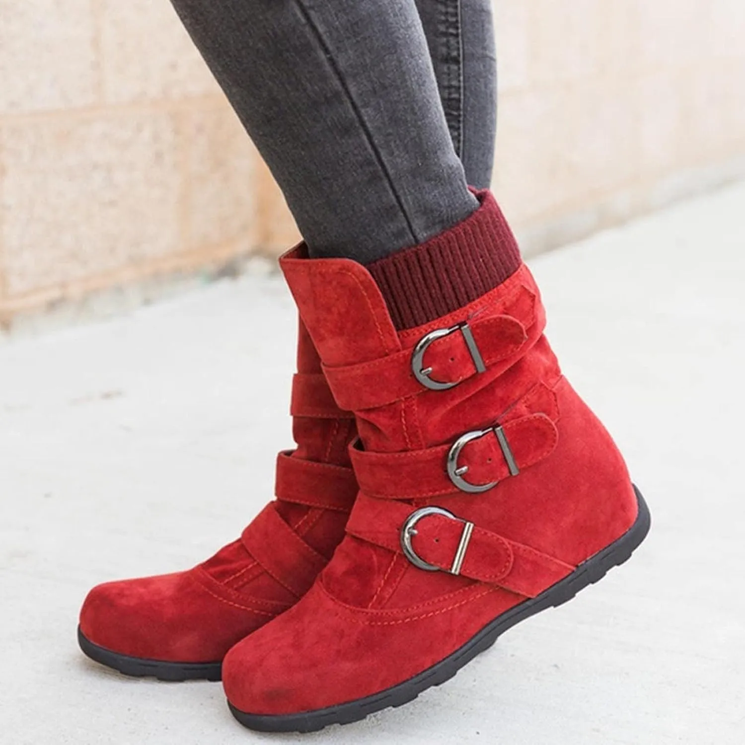 oiangi Wide Calf Boots for Women Suede Round Toe Three Straps Buckle Zipper Flat Non-slip Mid Calf Snow Boots Fall Winter Casual Outdoor Warm Shoes