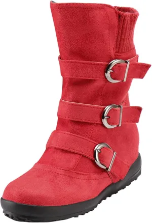 oiangi Wide Calf Boots for Women Suede Round Toe Three Straps Buckle Zipper Flat Non-slip Mid Calf Snow Boots Fall Winter Casual Outdoor Warm Shoes