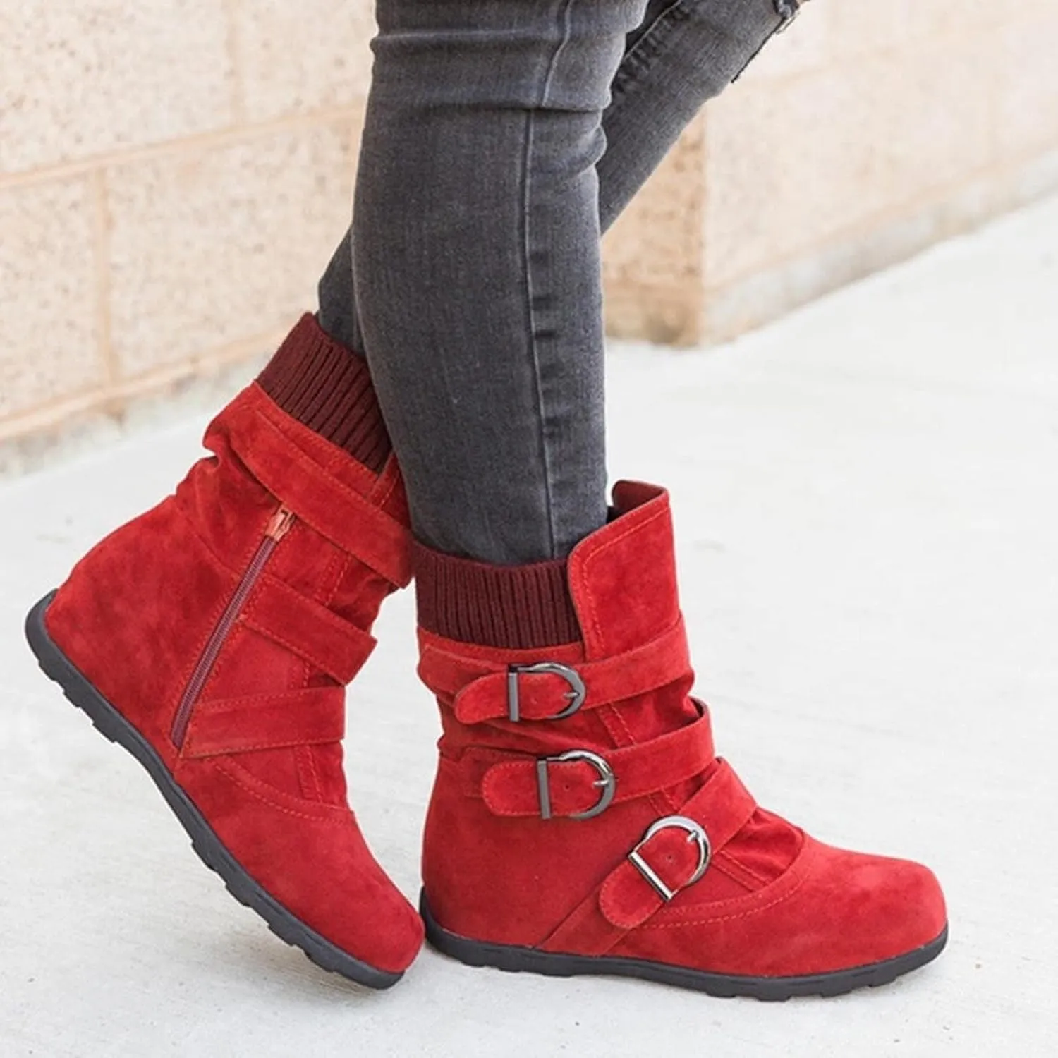 oiangi Wide Calf Boots for Women Suede Round Toe Three Straps Buckle Zipper Flat Non-slip Mid Calf Snow Boots Fall Winter Casual Outdoor Warm Shoes