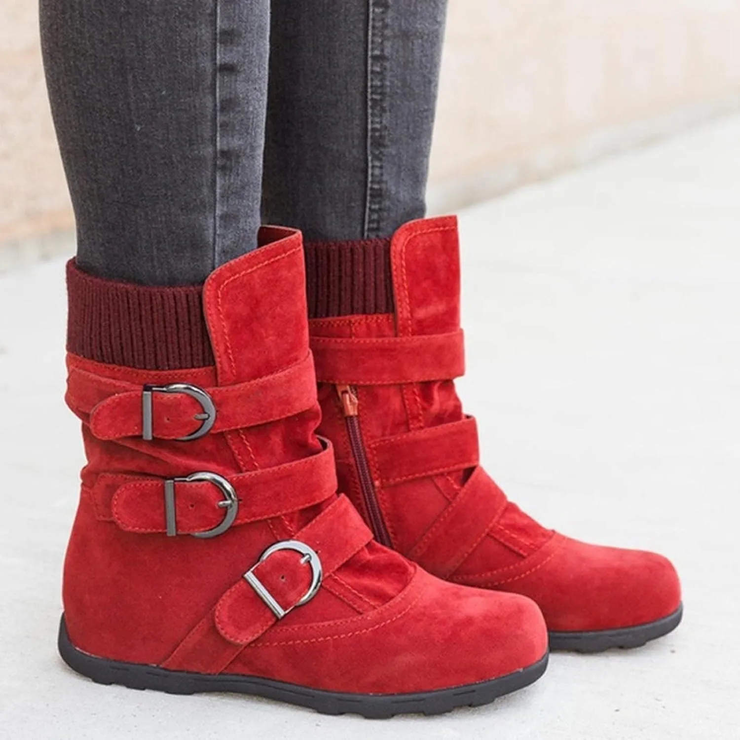 oiangi Wide Calf Boots for Women Suede Round Toe Three Straps Buckle Zipper Flat Non-slip Mid Calf Snow Boots Fall Winter Casual Outdoor Warm Shoes