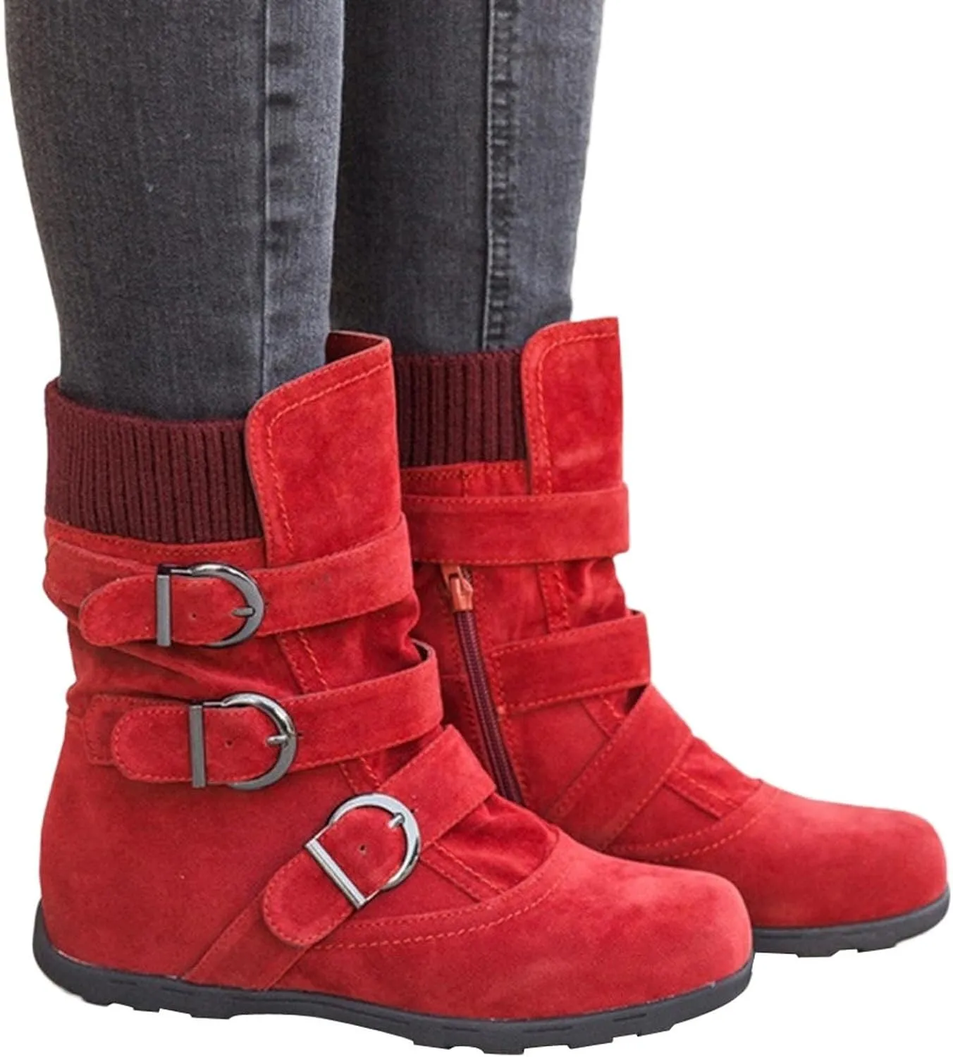 oiangi Wide Calf Boots for Women Suede Round Toe Three Straps Buckle Zipper Flat Non-slip Mid Calf Snow Boots Fall Winter Casual Outdoor Warm Shoes