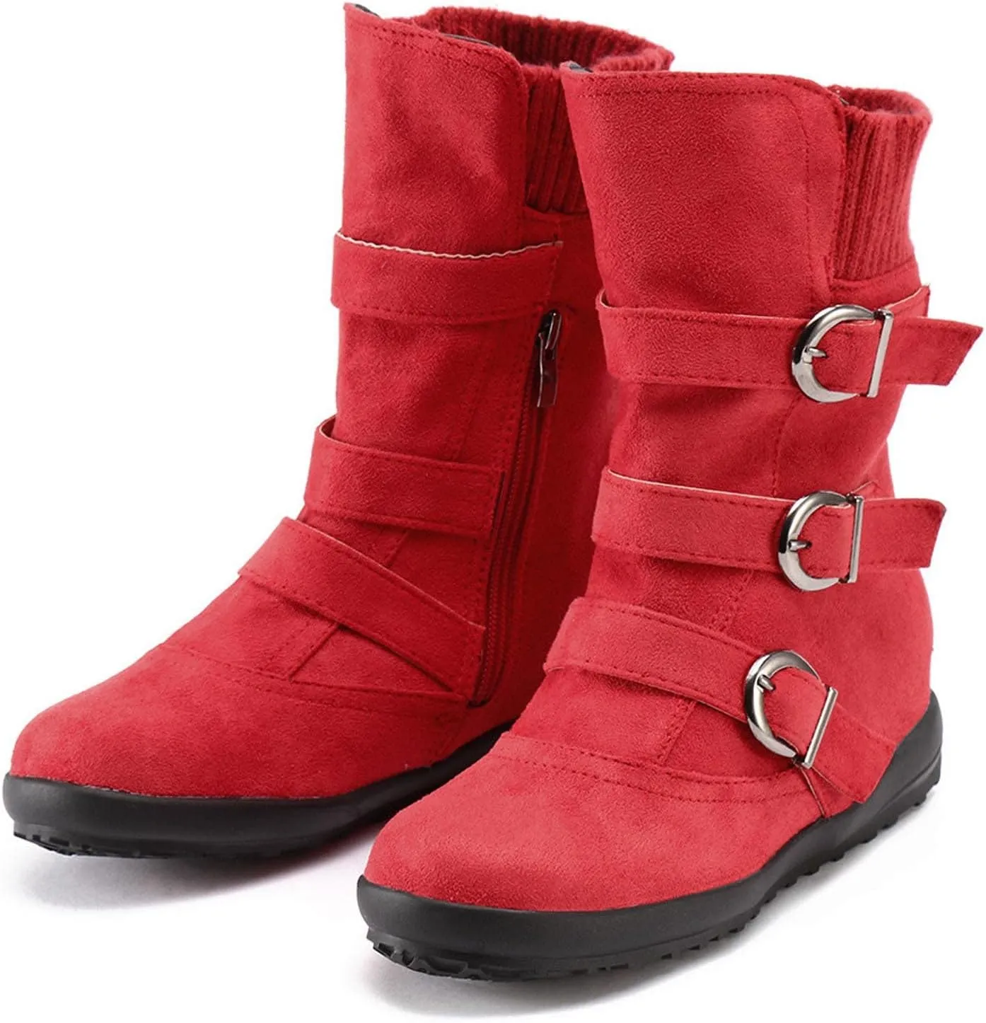 oiangi Wide Calf Boots for Women Suede Round Toe Three Straps Buckle Zipper Flat Non-slip Mid Calf Snow Boots Fall Winter Casual Outdoor Warm Shoes