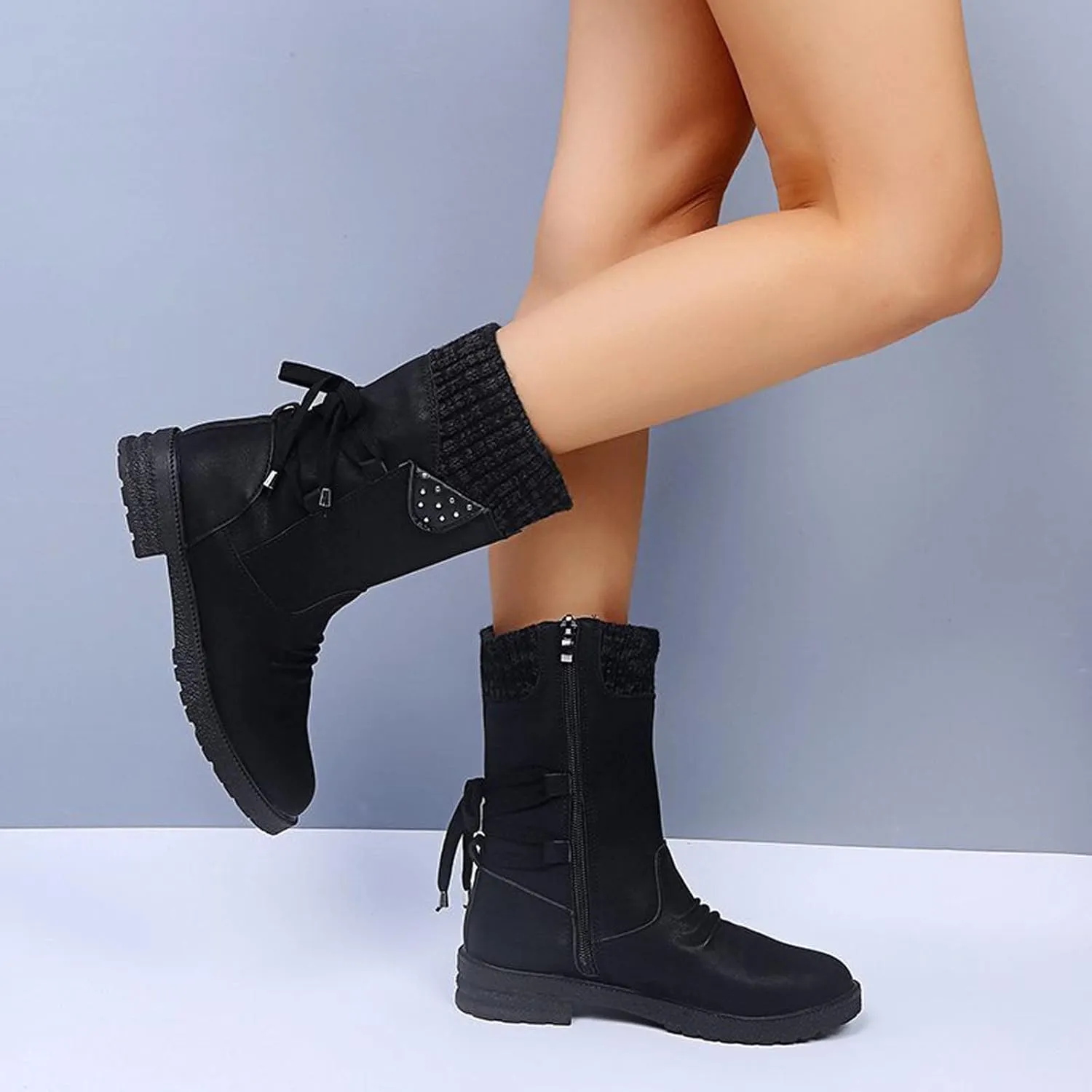oiangi Womens Winter Boots 2022 Fashion Round Toe Lace Up Side Zipper Wool Patchwork Warm Block Low Heel Mid Calf Boots Solid Casual Western Boots Shoes