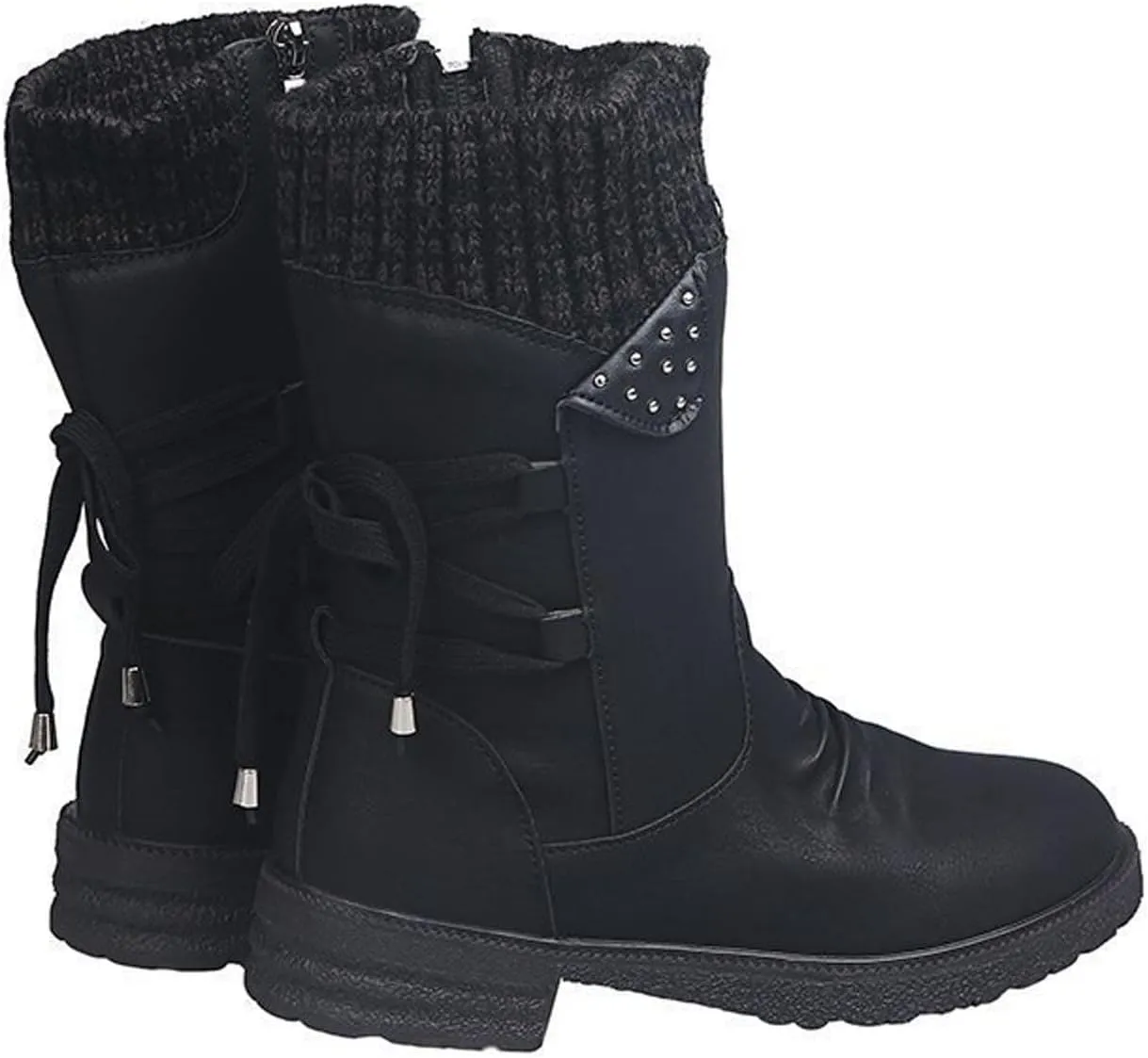 oiangi Womens Winter Boots 2022 Fashion Round Toe Lace Up Side Zipper Wool Patchwork Warm Block Low Heel Mid Calf Boots Solid Casual Western Boots Shoes