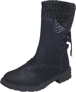 oiangi Womens Winter Boots 2022 Fashion Round Toe Lace Up Side Zipper Wool Patchwork Warm Block Low Heel Mid Calf Boots Solid Casual Western Boots Shoes