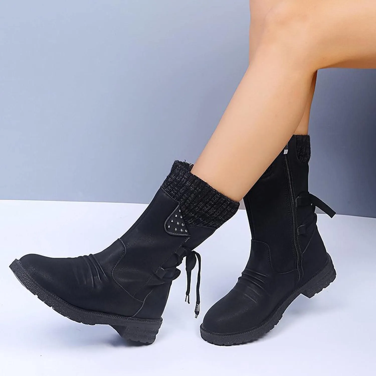 oiangi Womens Winter Boots 2022 Fashion Round Toe Lace Up Side Zipper Wool Patchwork Warm Block Low Heel Mid Calf Boots Solid Casual Western Boots Shoes