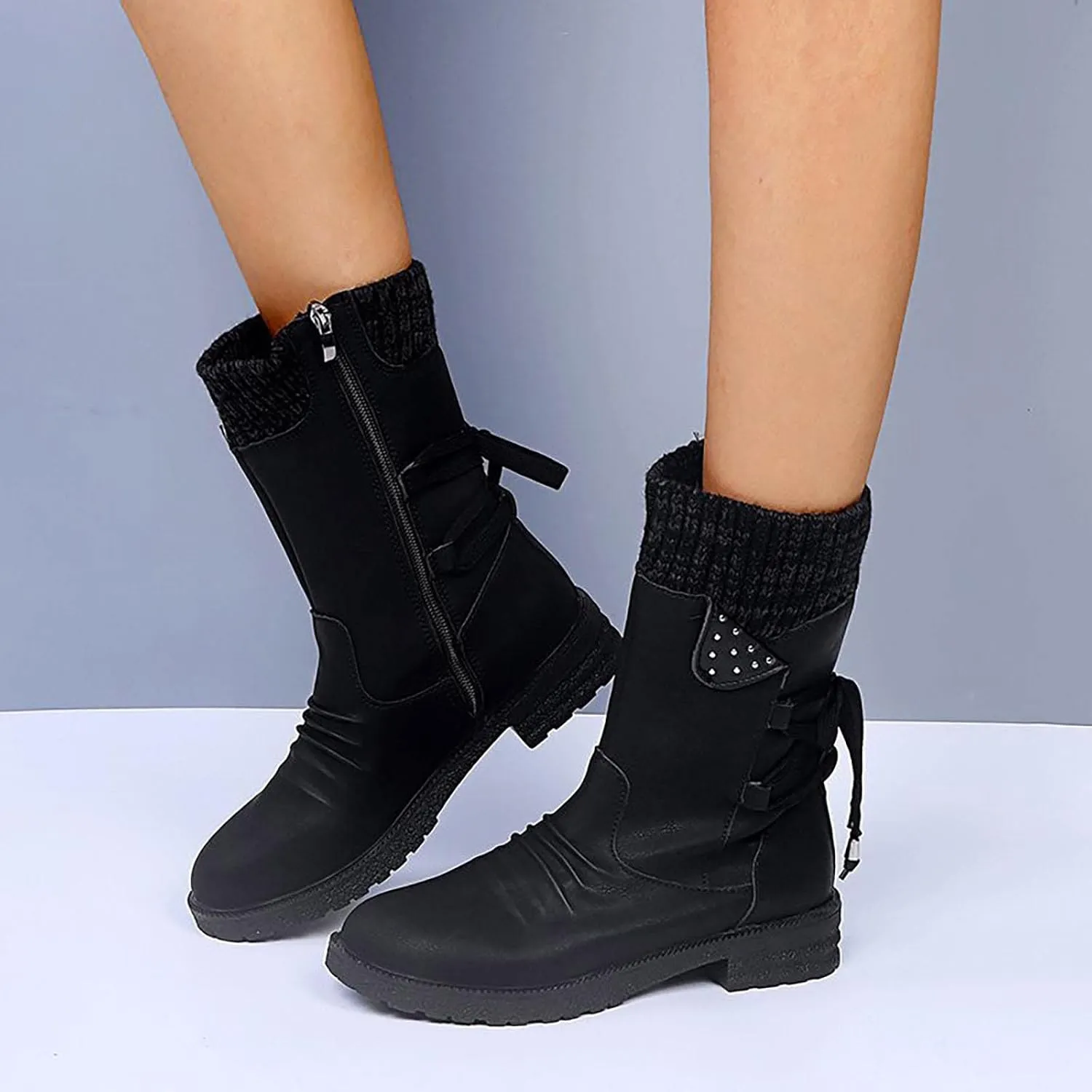 oiangi Womens Winter Boots 2022 Fashion Round Toe Lace Up Side Zipper Wool Patchwork Warm Block Low Heel Mid Calf Boots Solid Casual Western Boots Shoes