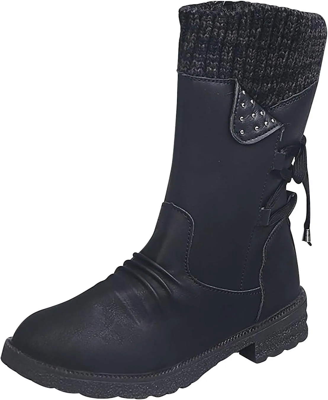 oiangi Womens Winter Boots 2022 Fashion Round Toe Lace Up Side Zipper Wool Patchwork Warm Block Low Heel Mid Calf Boots Solid Casual Western Boots Shoes