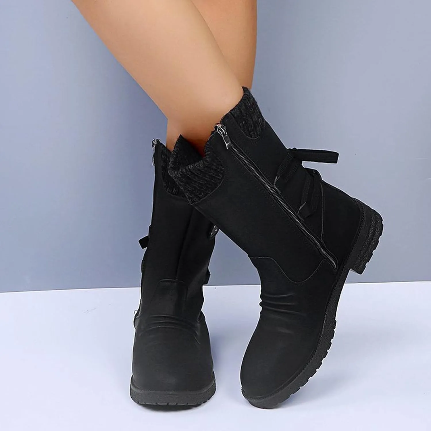 oiangi Womens Winter Boots 2022 Fashion Round Toe Lace Up Side Zipper Wool Patchwork Warm Block Low Heel Mid Calf Boots Solid Casual Western Boots Shoes