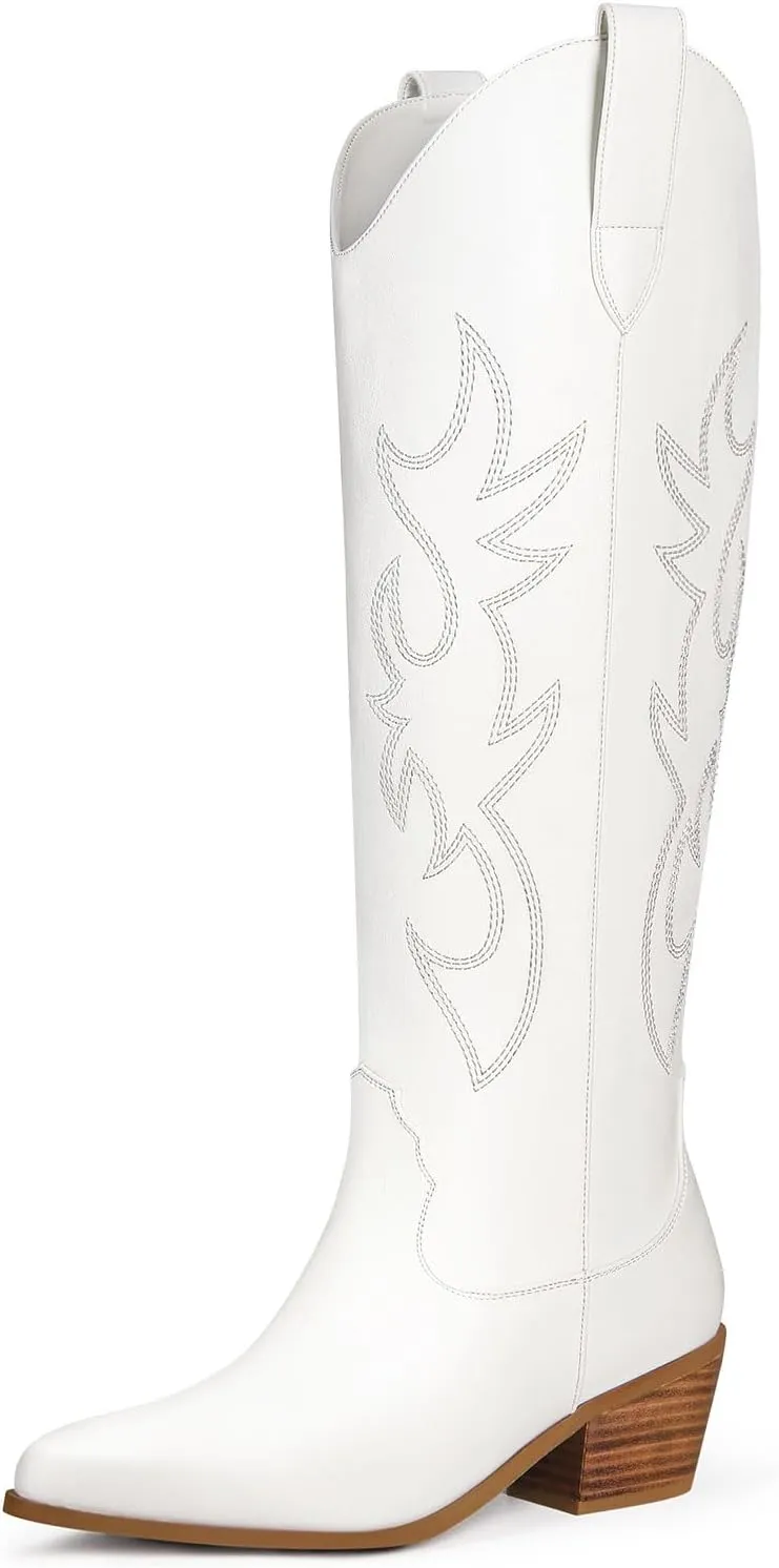 Ouepiano Cowboy Boots for Women Knee High Cowgirl Boots Embroidered Chunky Heels Pointed Toe Long Tall Western Boot Pull On