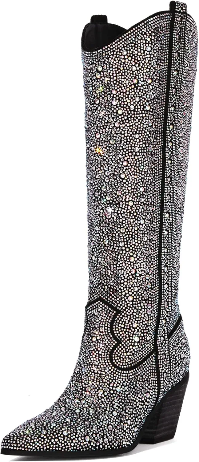 Ouepiano Women's Cowgirl Ankle Boots Western Rhinestones Pointed Toe Low Chunky Heel Pull On Short Cowboy Boots for Women,Girl,Party