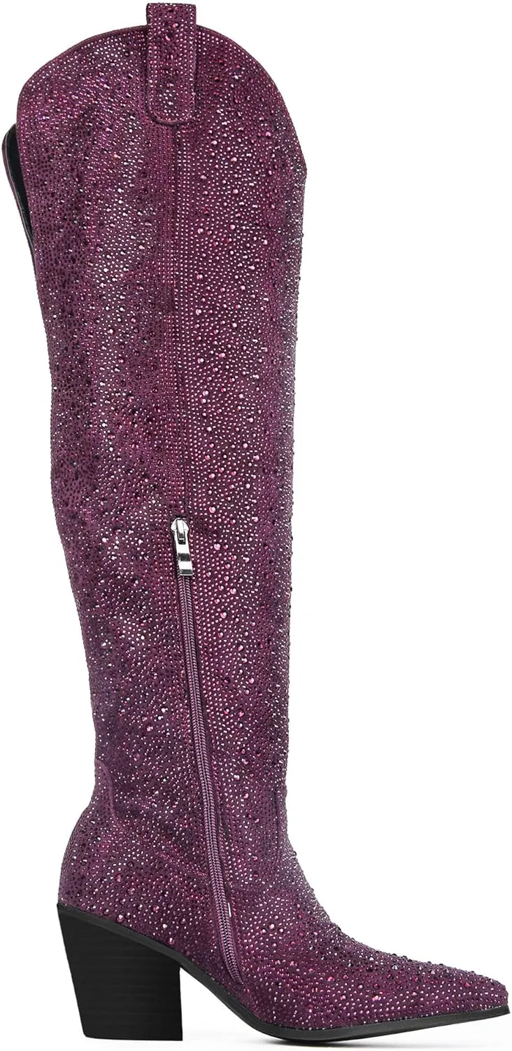 Ouepiano Women's Cowgirl Ankle Boots Western Rhinestones Pointed Toe Low Chunky Heel Pull On Short Cowboy Boots for Women,Girl,Party