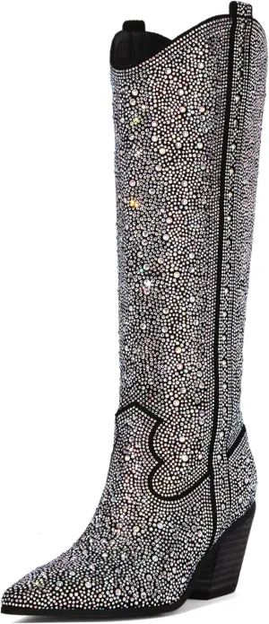 Ouepiano Women's Cowgirl Ankle Boots Western Rhinestones Pointed Toe Low Chunky Heel Pull On Short Cowboy Boots for Women,Girl,Party