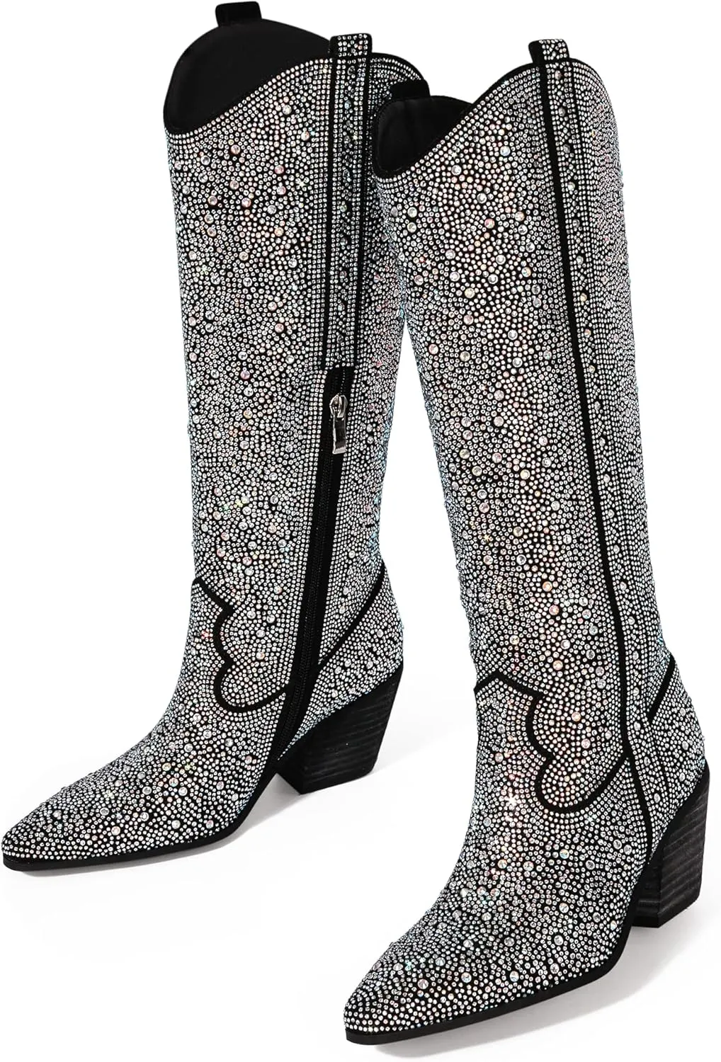 Ouepiano Women's Cowgirl Ankle Boots Western Rhinestones Pointed Toe Low Chunky Heel Pull On Short Cowboy Boots for Women,Girl,Party