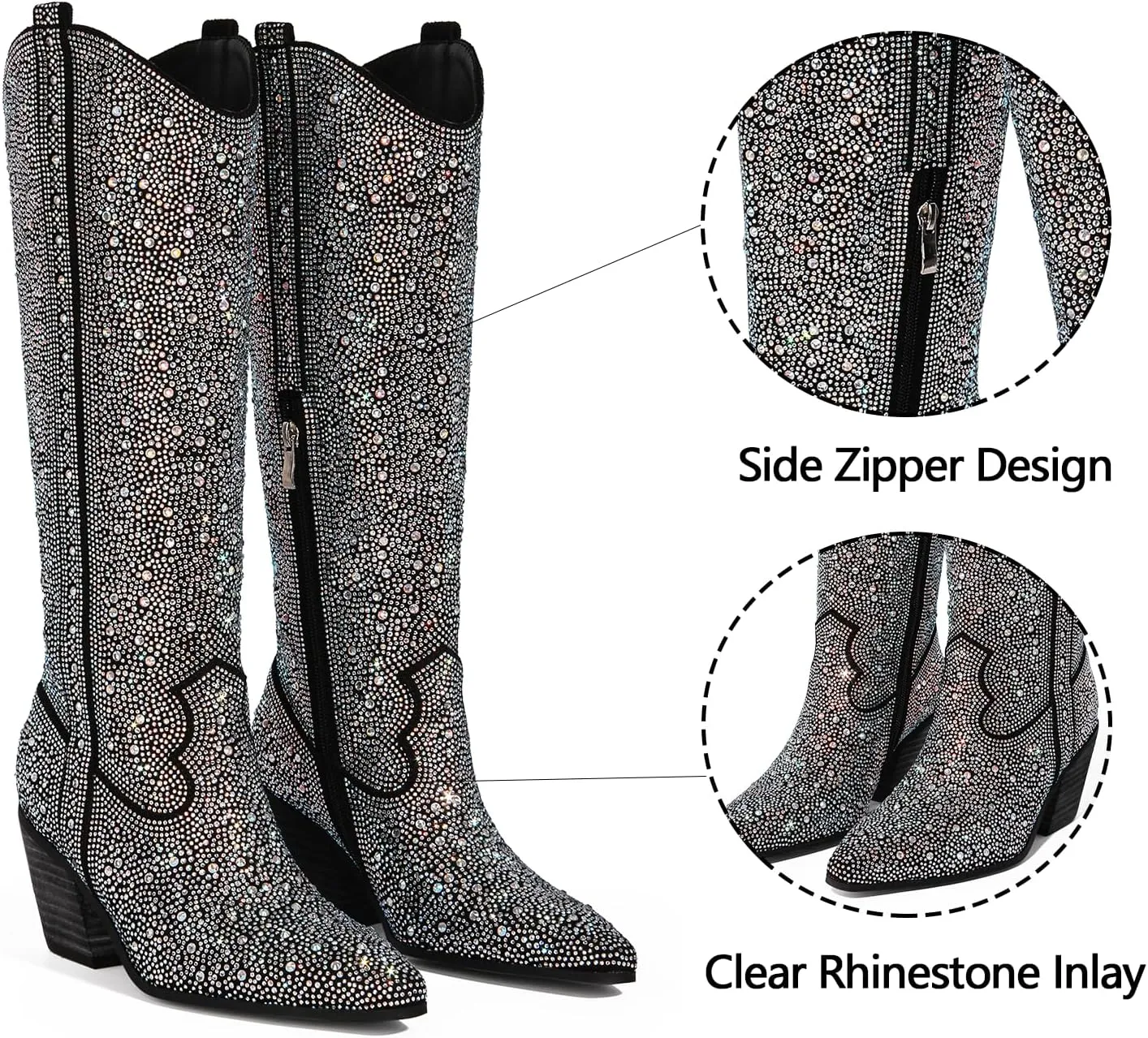 Ouepiano Women's Cowgirl Ankle Boots Western Rhinestones Pointed Toe Low Chunky Heel Pull On Short Cowboy Boots for Women,Girl,Party