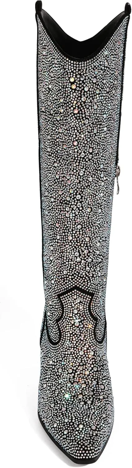 Ouepiano Women's Cowgirl Ankle Boots Western Rhinestones Pointed Toe Low Chunky Heel Pull On Short Cowboy Boots for Women,Girl,Party