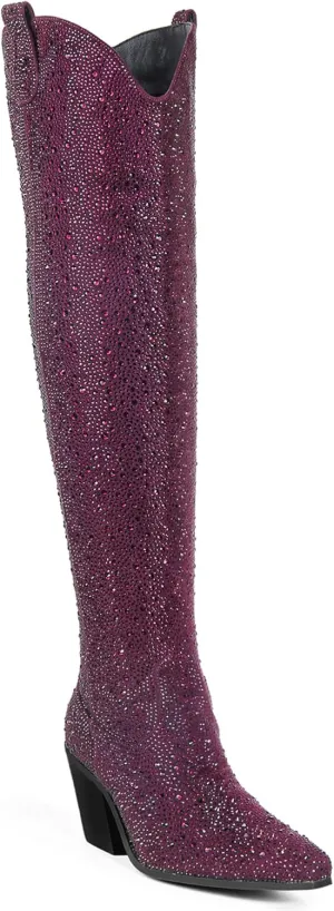 Ouepiano Women's Cowgirl Ankle Boots Western Rhinestones Pointed Toe Low Chunky Heel Pull On Short Cowboy Boots for Women,Girl,Party
