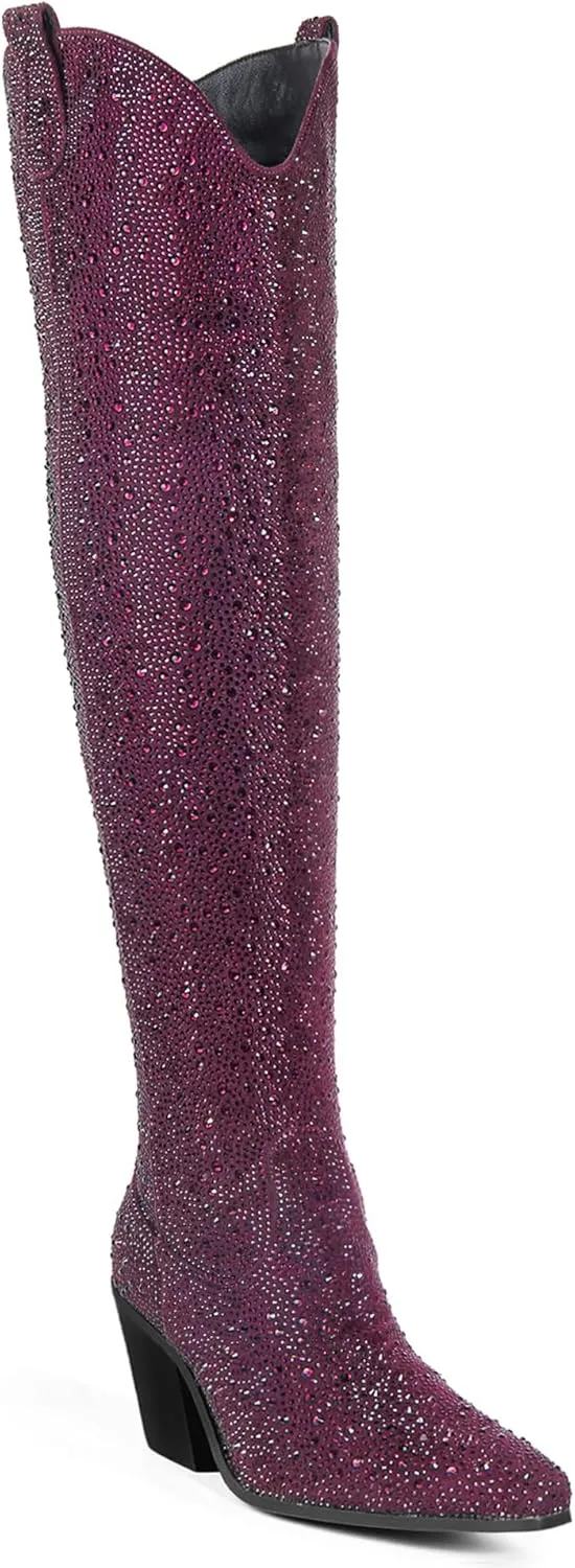 Ouepiano Women's Cowgirl Ankle Boots Western Rhinestones Pointed Toe Low Chunky Heel Pull On Short Cowboy Boots for Women,Girl,Party
