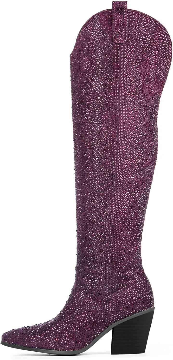 Ouepiano Women's Cowgirl Ankle Boots Western Rhinestones Pointed Toe Low Chunky Heel Pull On Short Cowboy Boots for Women,Girl,Party